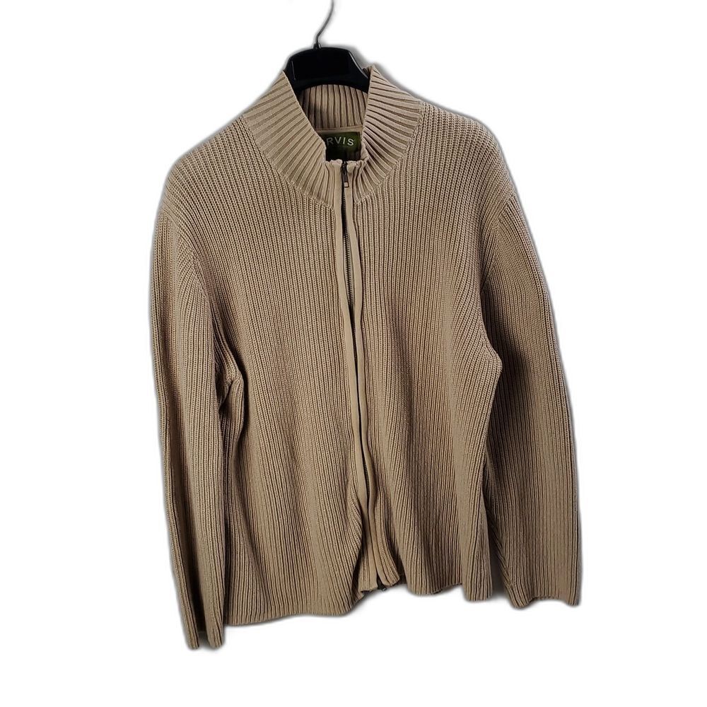 Orvis Men's Tan Full Zip Sweater Sz L 100% Cotton Padded Elbow Preppy Dadcore